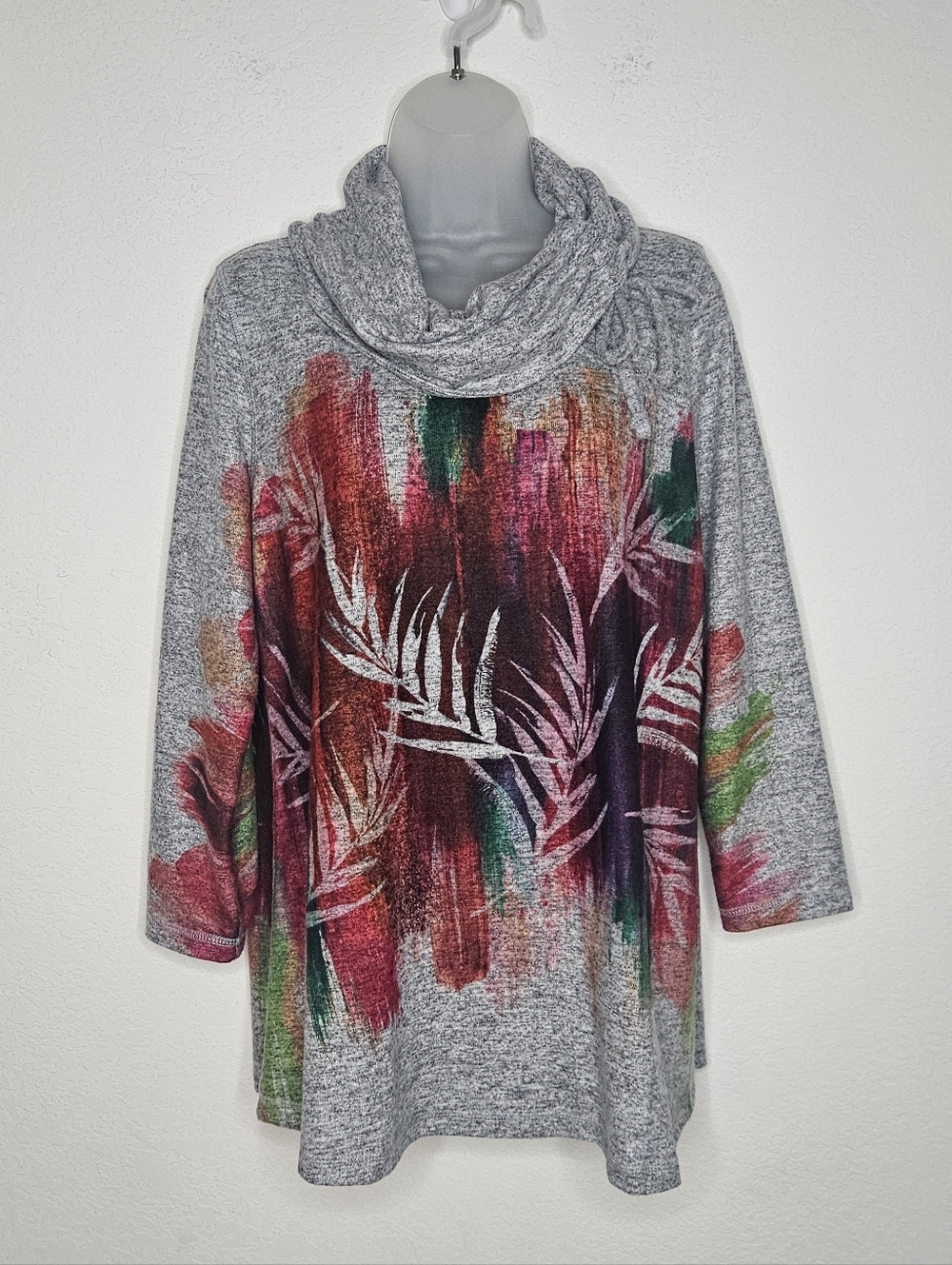 Ali Miles Cowl Neck Cinch Tie Tropical Palm Floral Brushstroke Brush Knit Tunic